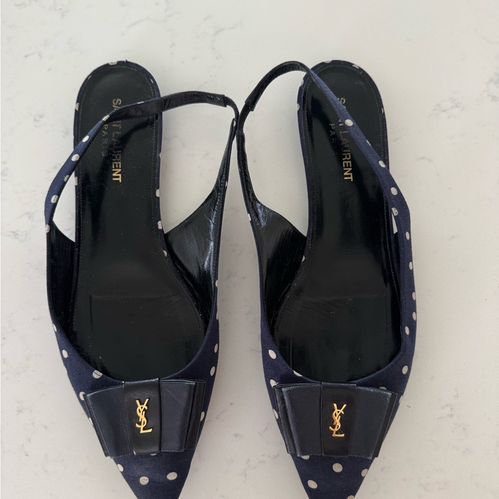 Saint Laurent Dark Blue Polka Dot Slingback Heels